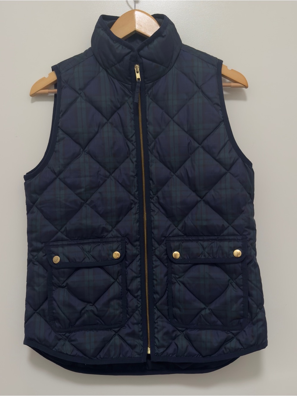 J.Crew Quilted Navy Plaid Puffer Vest Down Full-Zip Size Extra Small XS Holiday